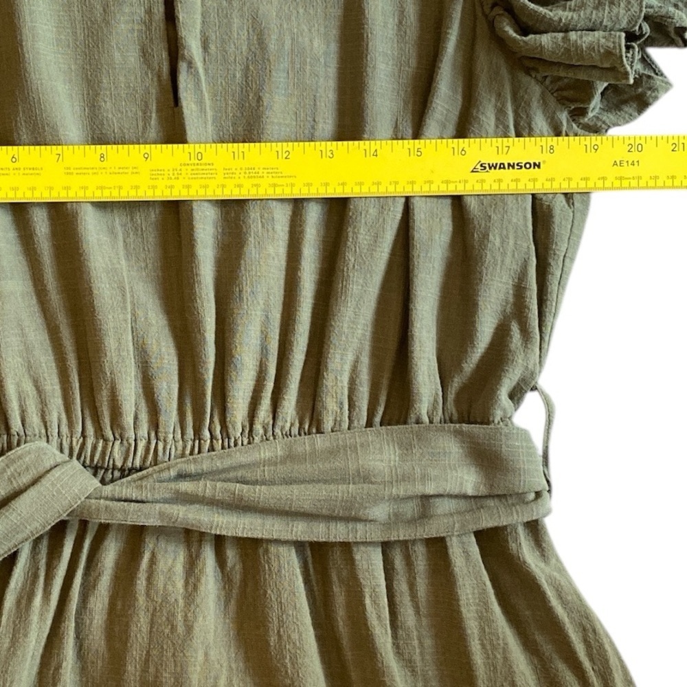 INC Dress- L Mini Olive Green Ruffle Hem Cotton with Waist Tie Boho Cottagecore - Picture 10 of 11